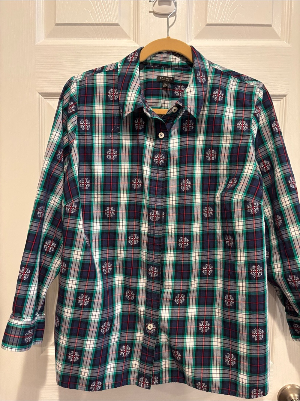 Talbots Green and Blue Plaid Button-Front Blouse